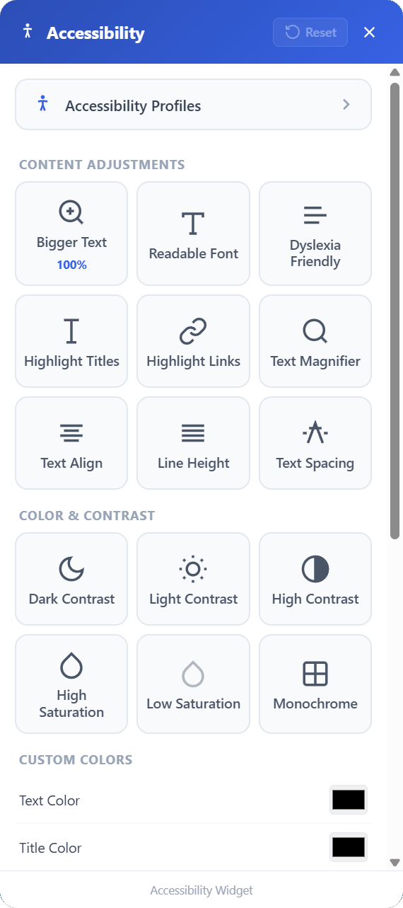 Accessibility Widget showing content adjustments, color contrast options, and custom color controls