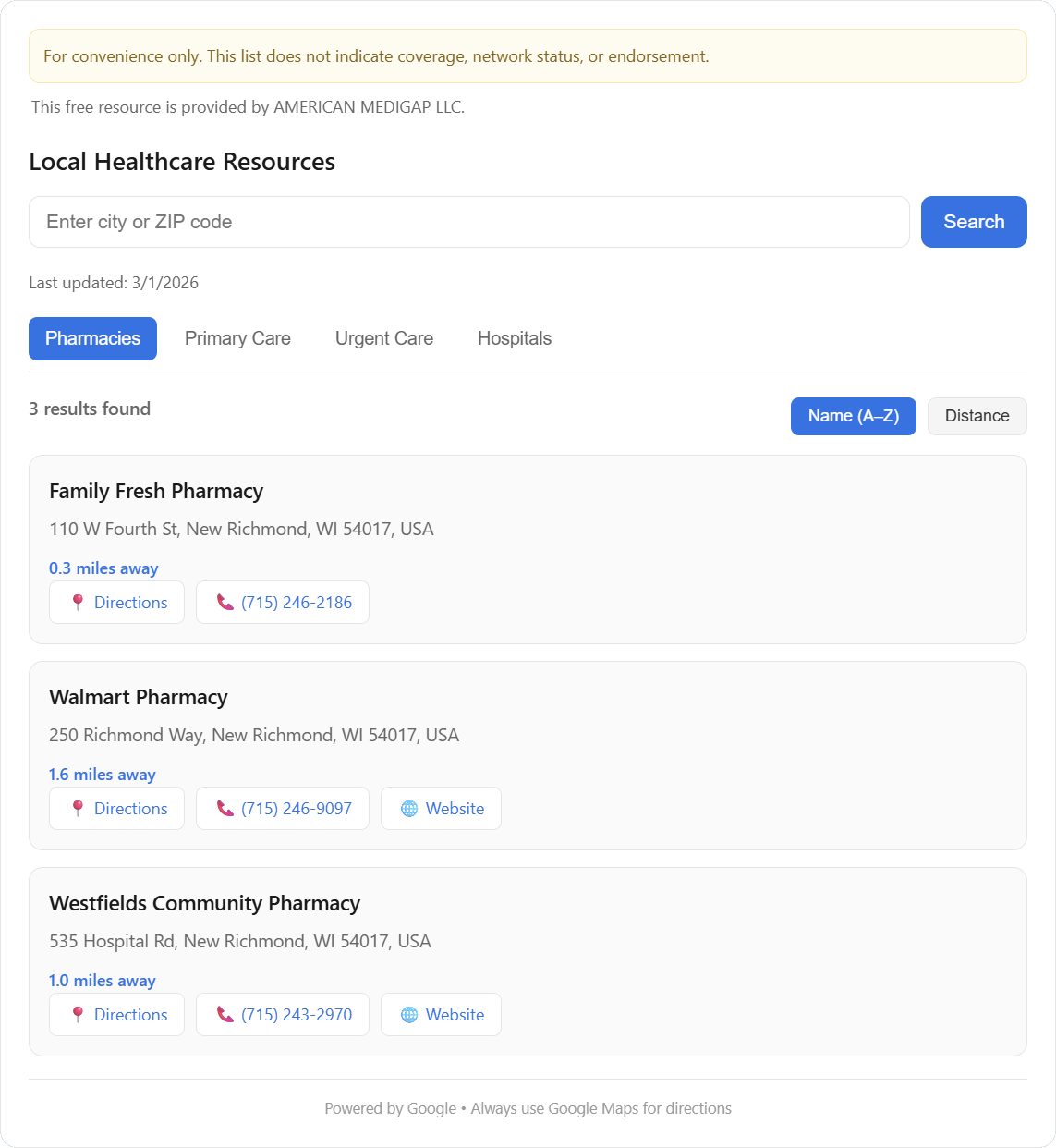 Provider Directory showing pharmacy search results with directions, phone numbers, and website links